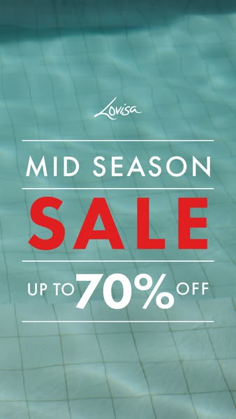 This image ad for Lovisa promotes a mid-season sale with discounts of up to 70% off. The ad features text overlayed on a