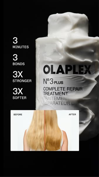 This ad features a bottle of Olaplex No. 3 PLUS Complete Repair Treatment along with an image showing the before and aft