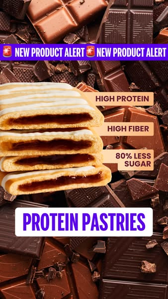 This ad promotes protein pastries, highlighting their high protein and high fiber content, and touting that they contain