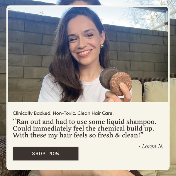 This image ad uses a customer testimonial to promote a clinically-backed, non-toxic hair care brand that offers clean sh