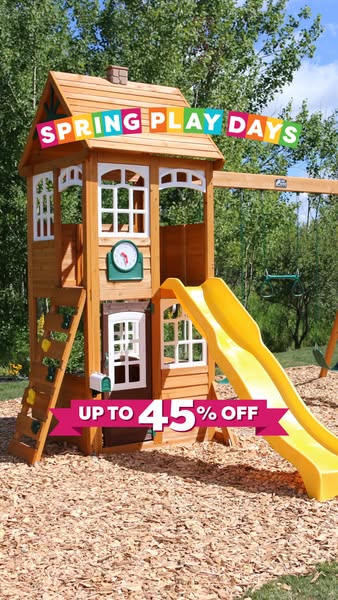 This image ad is promoting discounted play sets. The ad features a colorful play set with a slide and climbing features.