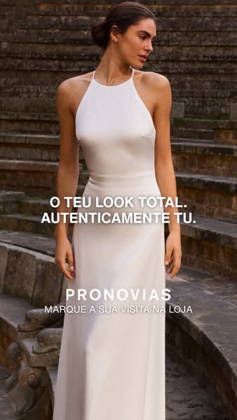 This image ad promotes Pronovias, a wedding dress brand, featuring a woman in a white halter top wedding dress. The ad e