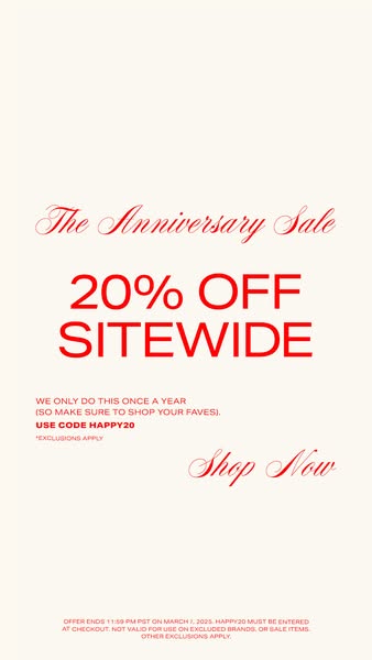 This ad promotes a brand's anniversary sale with a 20% off sitewide discount. It encourages viewers to shop their fa