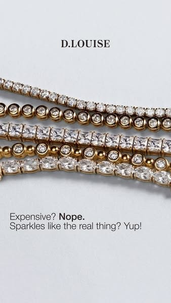 This ad for D.Louise features a close-up view of layered tennis bracelets on a white surface. The text copy emphasizes t