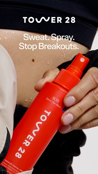 This ad for Tower28's SOS Daily Rescue Facial Spray highlights the product's ability to stop breakouts caused by