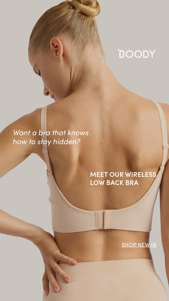 This ad features a woman wearing a low-back bra from Boody. The ad highlights the bra's ability to stay hidden under