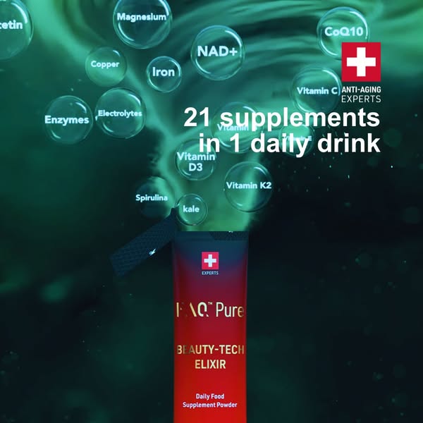 An ad featuring a single serving stick pack for a daily supplement powder. The background shows vitamin and mineral ingr