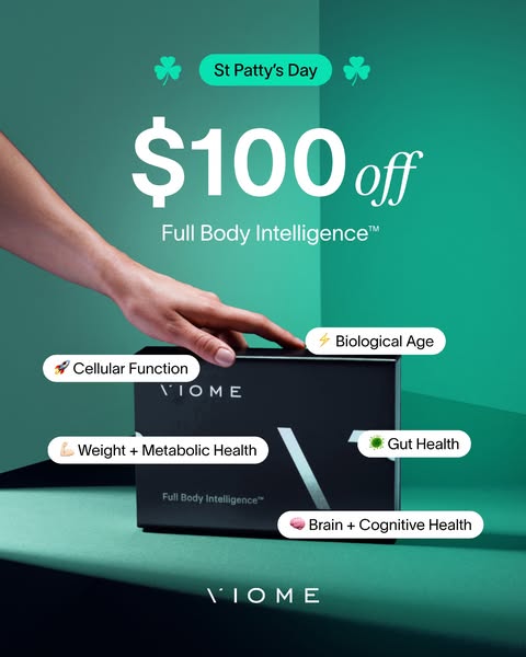 This ad for Viome, promoting their Full Body Intelligence product, leverages a St. Patrick's Day theme to offer $100