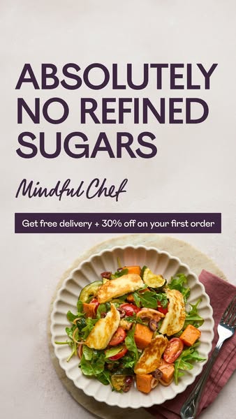 This image ad for Mindful Chef promotes meals with absolutely no refined sugars and offers free delivery and 30% off the