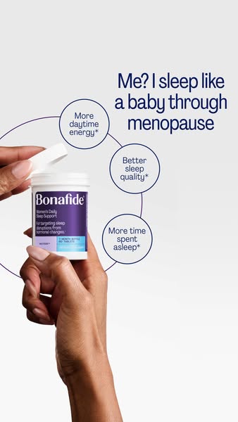 An ad for Bonafide Women's Daily Sleep Support. The ad features a woman's hand holding a bottle of the product a
