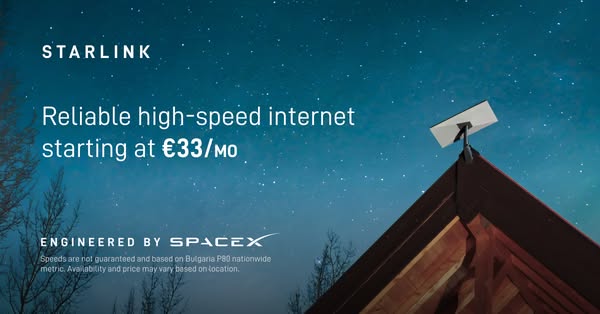This image ad for Starlink promotes their reliable high-speed internet service with plans starting at €33 per month. The