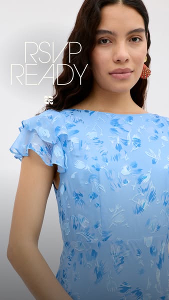 An image ad featuring a woman wearing a light blue floral dress, promoting that it is 'RSVP Ready'.