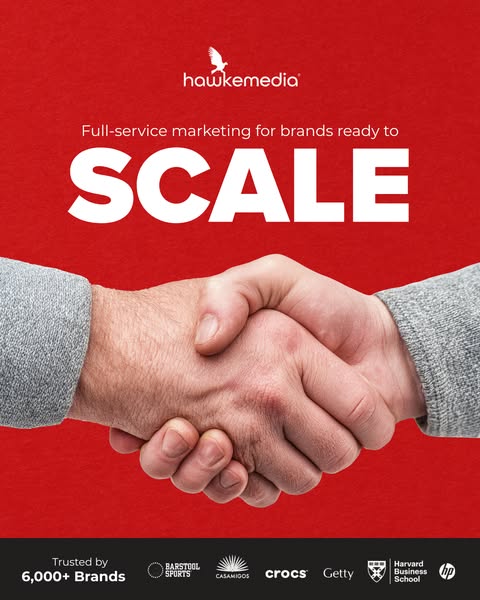 Hawke Media markets themselves as a full-service marketing agency to help brands scale. The ad uses a handshake to visua