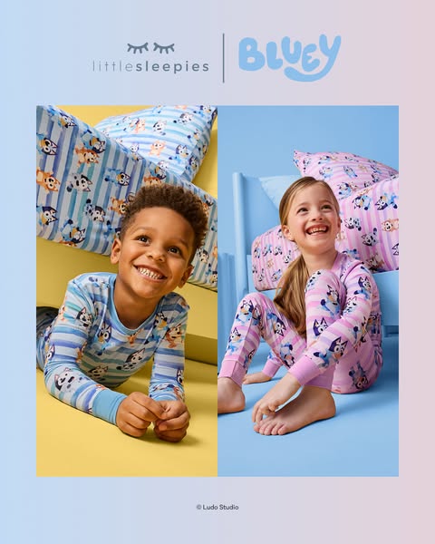 This image ad features two young children in matching Little Sleepies pajamas with a Bluey print. A young boy is sitting