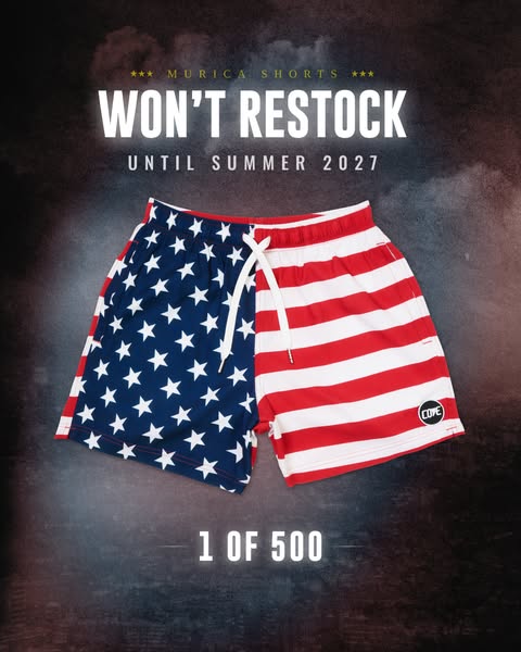 This image ad announces that Murica Shorts won't be restocked until Summer 2027, highlighting the limited availabili