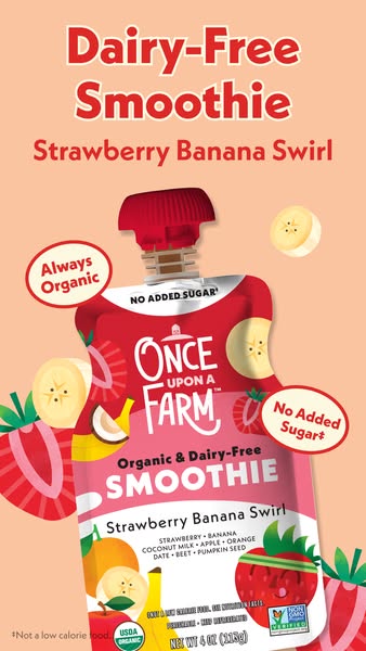 This ad for Once Upon A Farm smoothie highlights that the smoothie is dairy-free and organic.