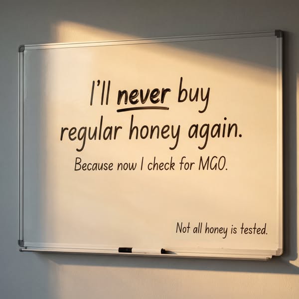 This ad highlights that not all honey is tested, and suggests that consumers should check for MGO. The message is writte