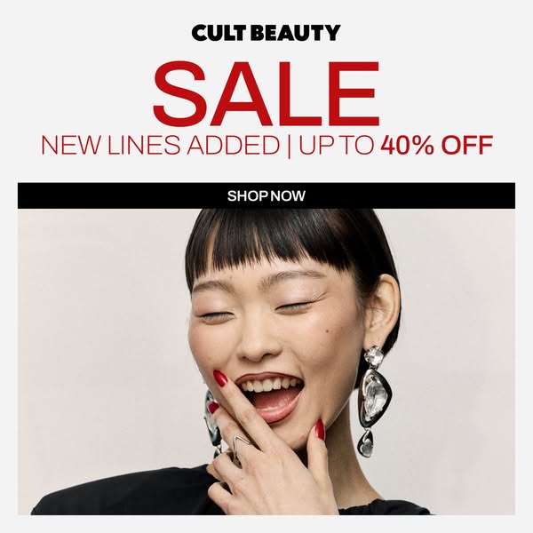 This image ad for Cult Beauty promotes a sale with new lines added and up to 40% off. It features a model with bold earr