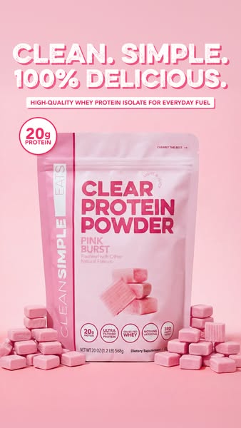 This ad features a bag of Clear Simple Eats protein powder, highlighting its delicious flavor and protein content.
