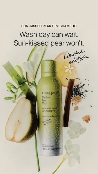 This image ad showcases Living Proof's Sun-Kissed Pear Dry Shampoo. It features a still-life composition with the pr