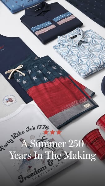 This image ad features apparel from Travis Mathew and celebrates the summer. The ad features a variety of patriotic insp