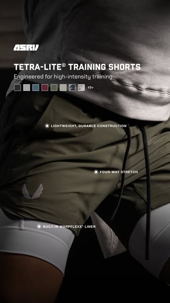 This image ad showcases ASRV's Tetra-Lite Training Shorts, emphasizing their lightweight, durable construction, four