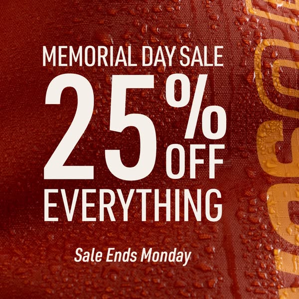Ad announcing a Memorial Day sale, offering 25% off everything, with the sale ending on Monday.