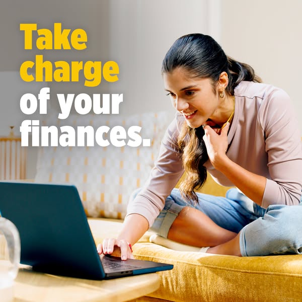 This ad features a woman using a laptop on a couch, with the headline "Take charge of your finances."