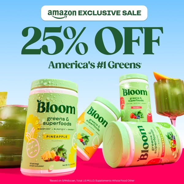 This image ad for Bloom Nutrition features a sale on Amazon of 25% off their greens and superfoods. The image prominentl