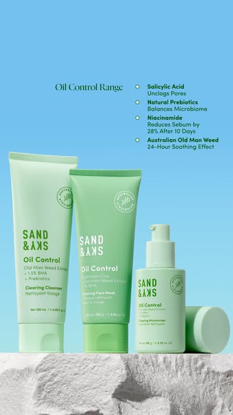 This image ad presents Sand & Sky's Oil Control range, highlighting its key ingredients and benefits for balanci