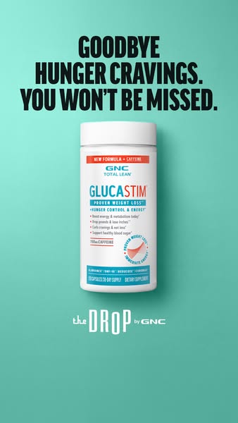 This ad promotes GNC's Total Lean GlucaStim capsules for weight loss. It features a container of the capsules with s