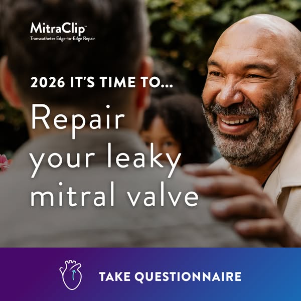 The image ad highlights the MitraClip device for repairing leaky mitral valves. It features an image of a smiling older 