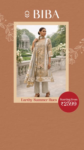 This ad promotes Biba, showcasing a three-piece suit featuring a floral pattern and earthy summer hues, available from ₹