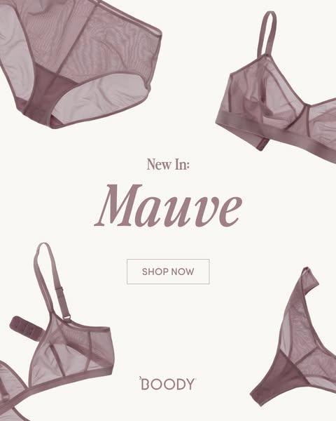 An image ad showcasing Boody brand's lingerie set in Mauve color. The ad features two lingerie pieces: a bra and und