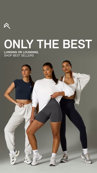 This ad showcases three women wearing different Alo Yoga outfits. The ad promotes Alo Yoga's best sellers for loungi