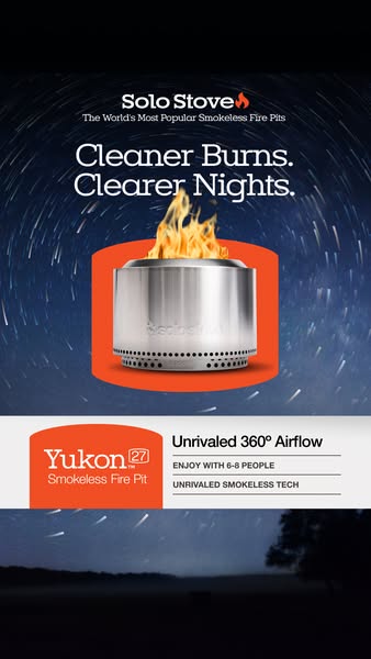 This ad for the Solo Stove Yukon 27 Smokeless Fire Pit features the product against a starry night background with overl