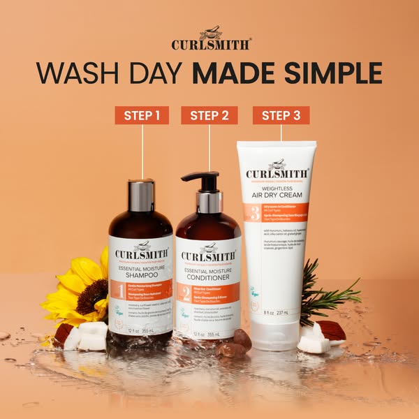 This image ad demonstrates how Curlsmith haircare products work together for wash day. It uses a step-by-step product de