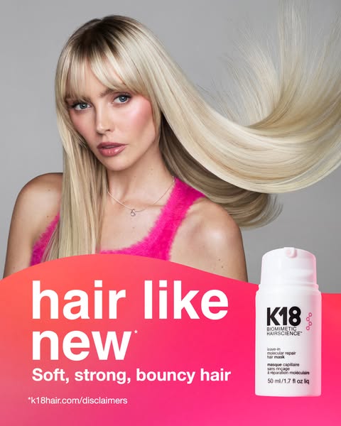 Image ad for K18 Biomimetic Hairscience leave-in molecular repair hair mask, promoting soft, strong, and bouncy hair.