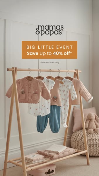 An advertisement from Mamas & Papas showcasing children's clothing and offering up to 40% off.