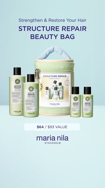 This is an ad for Maria Nila Structure Repair beauty bag. It showcases the hair care products and highlights the value o