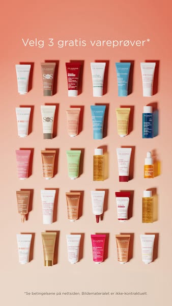 This ad showcases a selection of various Clarins skincare product samples. It invites customers to select three free sam