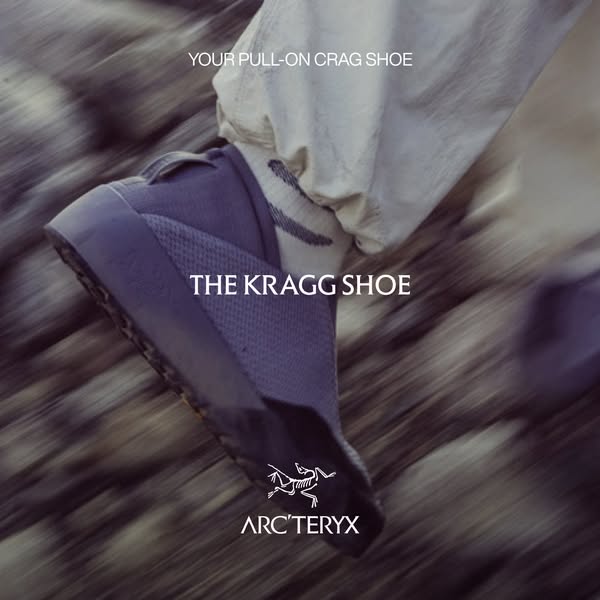 This ad showcases a new type of climbing shoe from Arc'teryx, the Kragg Shoe, a pull-on crag shoe.