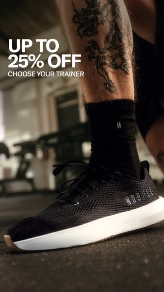 This image ad for NOBULL features a close up shot of a man's legs and feet, showcasing NOBULL training shoes. The ad