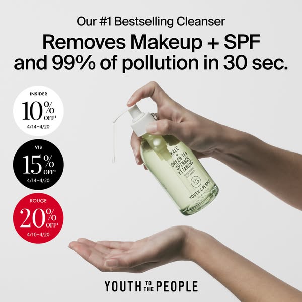 This ad for Youth To The People features their #1 Bestselling Cleanser and advertises that it removes makeup and SPF and