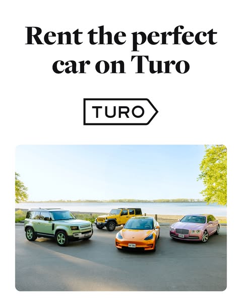 This image ad for Turo features a variety of cars parked near a body of water. The ad encourages users to rent the perfe