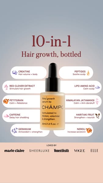This image ad highlights the Champo hair growth serum and its 10-in-1 benefits, supported by endorsements from well-know