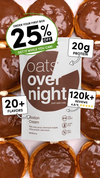 This image ad for Oats Overnight features a package of their Boston Cream flavor surrounded by Boston Cream donuts. The 