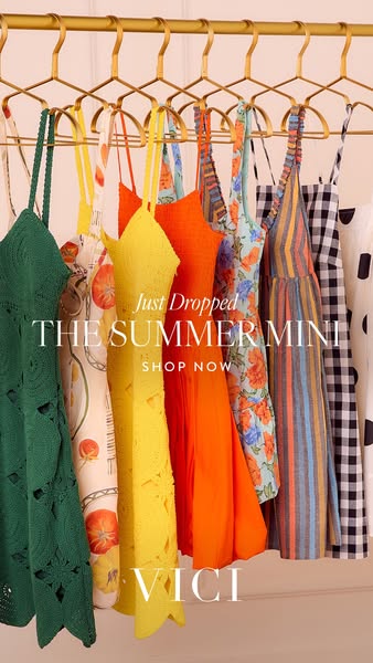 This ad is showcasing the new summer mini dress collection from VICI, urging viewers to shop now.
