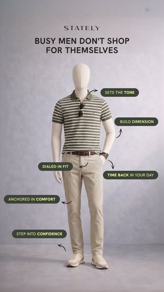 This ad uses a mannequin to display Stately clothing. The ad features several callouts using annotation bubbles to highl