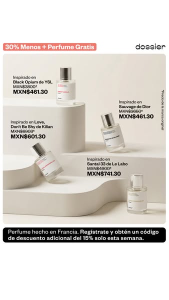 This ad showcases the brand Dossier and promotes multiple of their fragrances. The ad highlights that the brand's pe